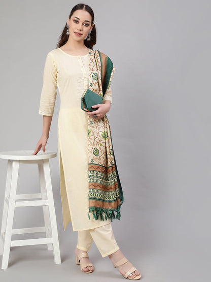 Women Cream Straight Solid Kurta With Trouser And Art Silk Dupatta | LASVINI - Redefining Indian Fashion with Elegance