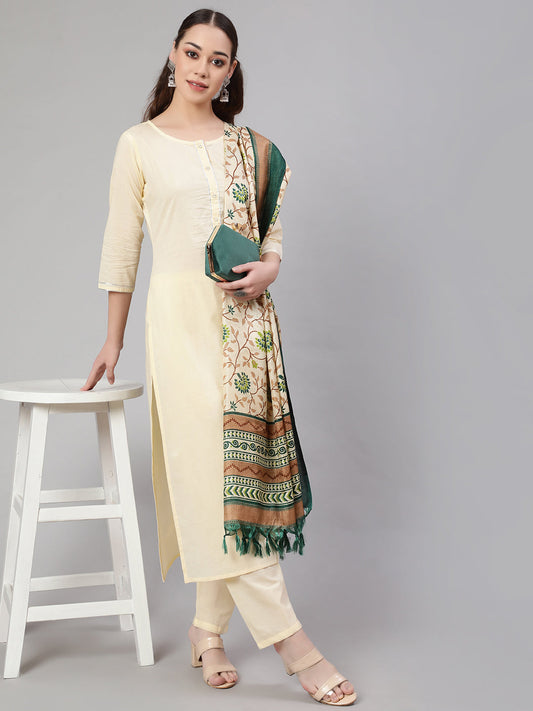 Women Cream Straight Solid Kurta With Trouser And Art Silk Dupatta | LASVINI - Redefining Indian Fashion with Elegance