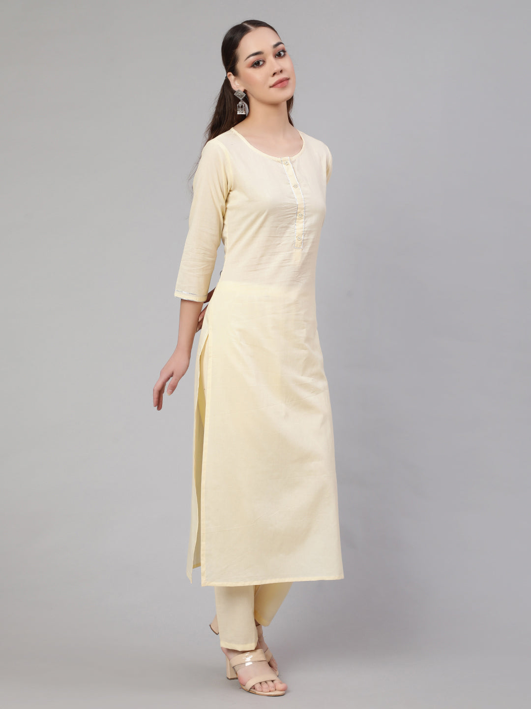 Women Cream Straight Solid Kurta With Trouser And Art Silk Dupatta | LASVINI - Redefining Indian Fashion with Elegance