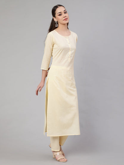 Women Cream Straight Solid Kurta With Trouser And Art Silk Dupatta | LASVINI - Redefining Indian Fashion with Elegance