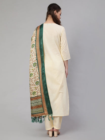 Women Cream Straight Solid Kurta With Trouser And Art Silk Dupatta | LASVINI - Redefining Indian Fashion with Elegance