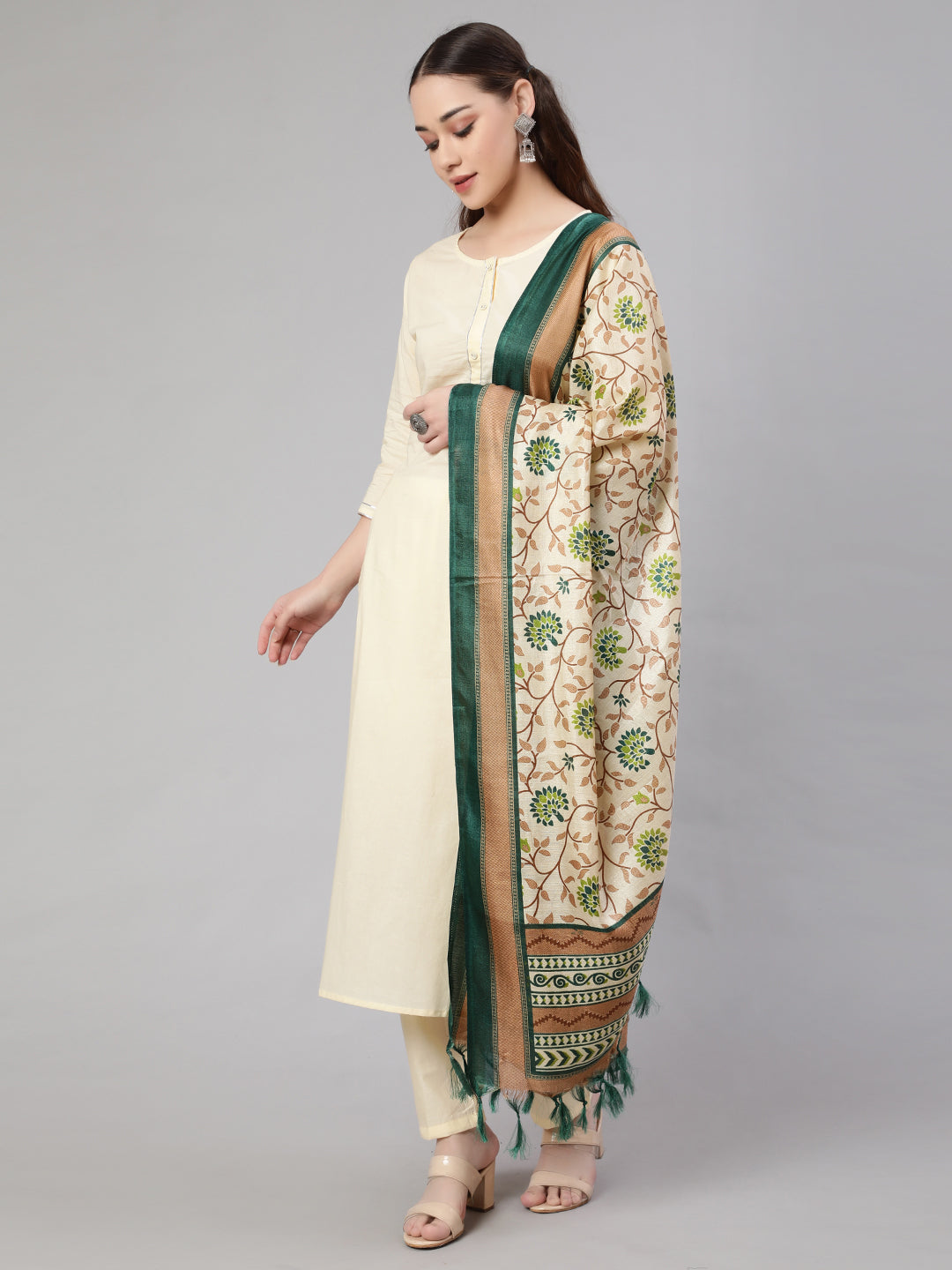 Women Cream Straight Solid Kurta With Trouser And Art Silk Dupatta | LASVINI - Redefining Indian Fashion with Elegance