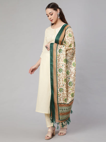 Women Cream Straight Solid Kurta With Trouser And Art Silk Dupatta | LASVINI - Redefining Indian Fashion with Elegance