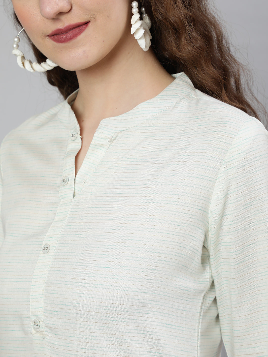 Women Off-White And Green Printed Straight Tunic With Three Quarter Sleeves | LASVINI - Redefining Indian Fashion with Elegance