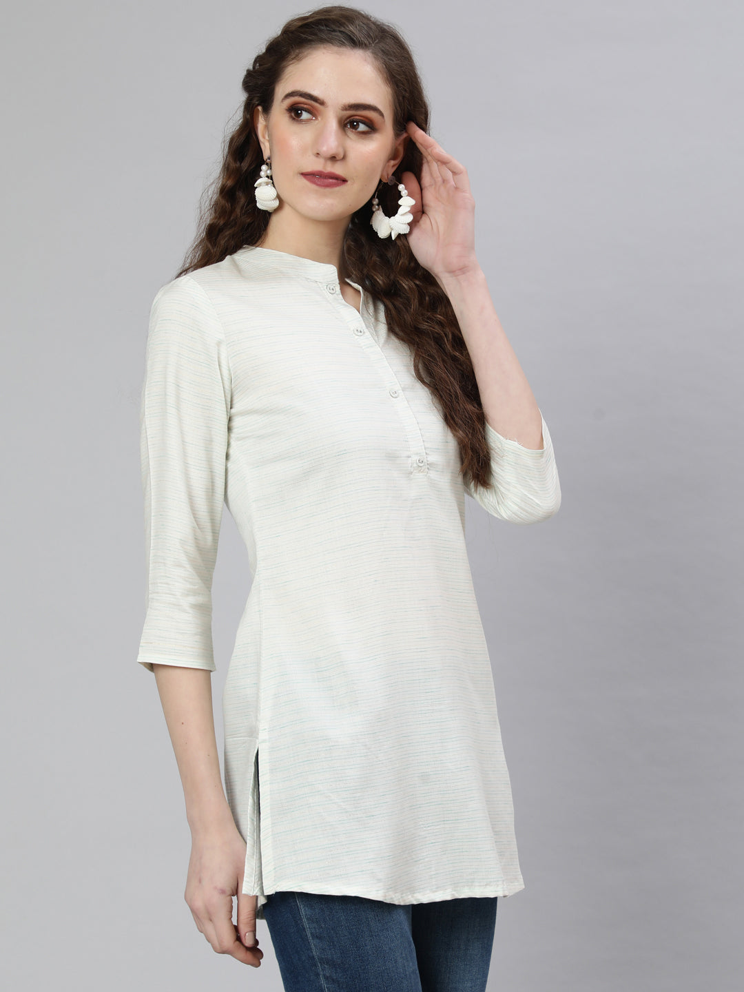 Women Off-White And Green Printed Straight Tunic With Three Quarter Sleeves | LASVINI - Redefining Indian Fashion with Elegance