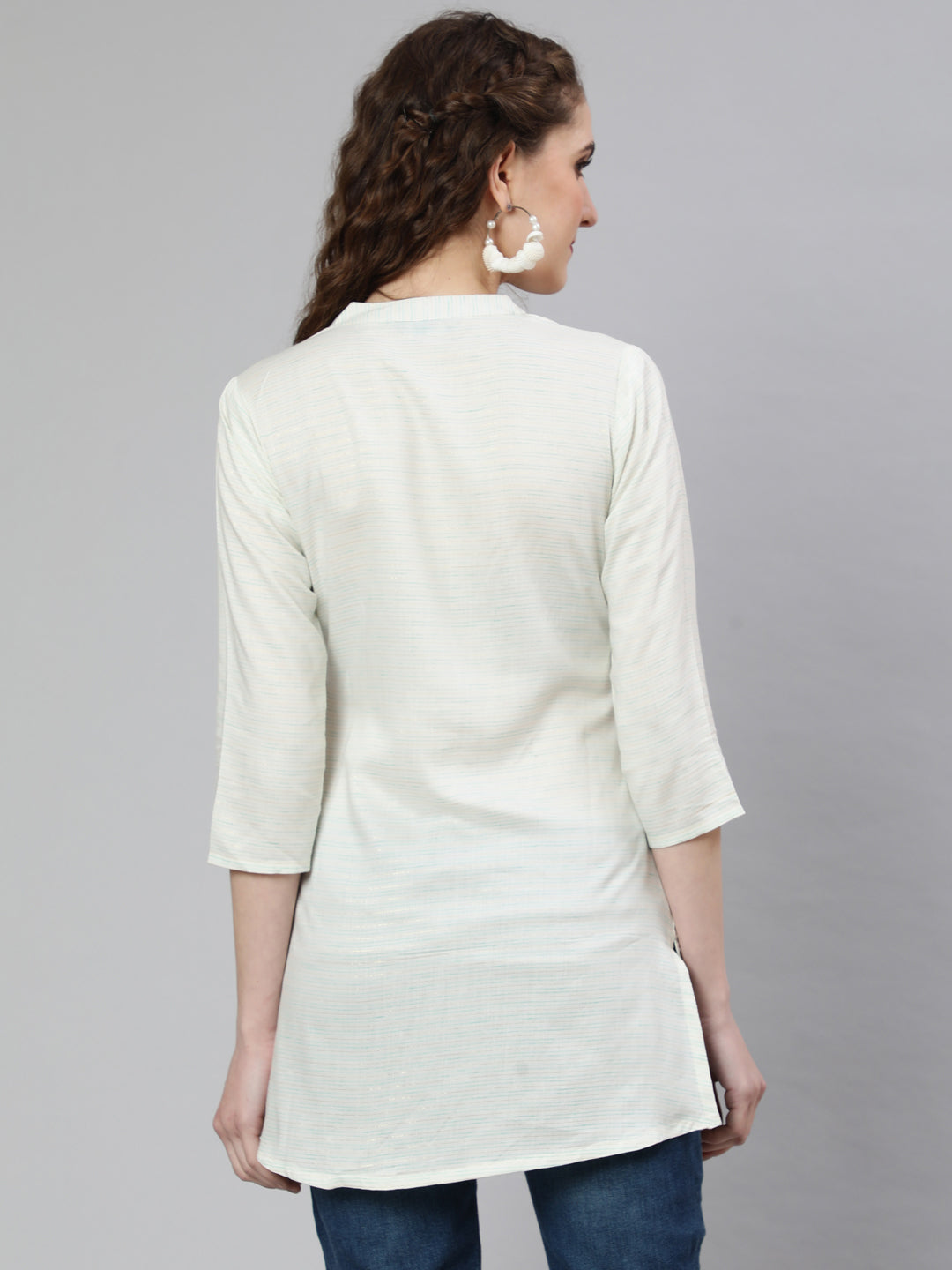 Women Off-White And Green Printed Straight Tunic With Three Quarter Sleeves | LASVINI - Redefining Indian Fashion with Elegance