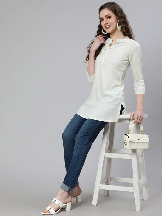 Women Off-White And Green Printed Straight Tunic With Three Quarter Sleeves | LASVINI - Redefining Indian Fashion with Elegance