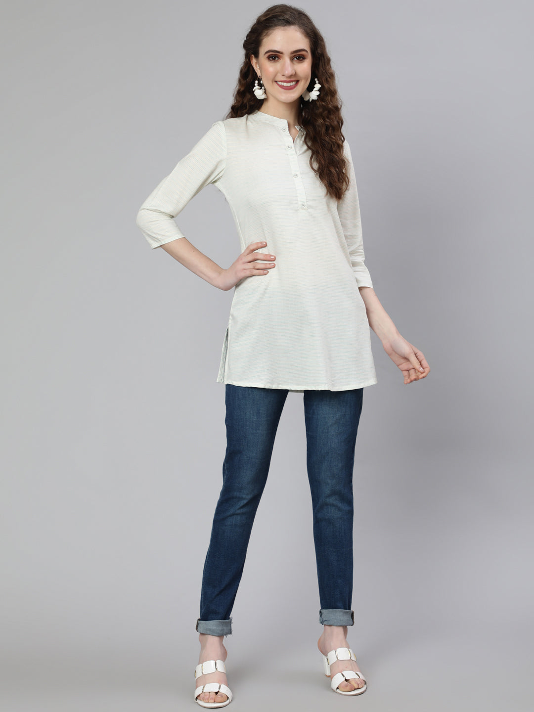 Women Off-White And Green Printed Straight Tunic With Three Quarter Sleeves | LASVINI - Redefining Indian Fashion with Elegance