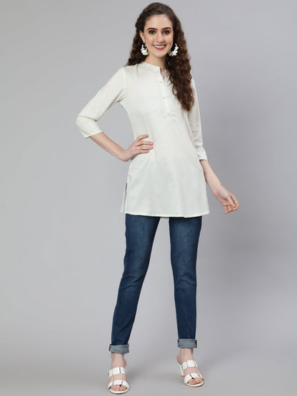 Women Off-White And Green Printed Straight Tunic With Three Quarter Sleeves | LASVINI - Redefining Indian Fashion with Elegance