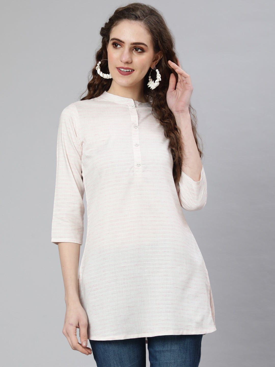 Women Off-White And Pink Printed Straight Tunic With Three Quarter Sleeves | LASVINI - Redefining Indian Fashion with Elegance