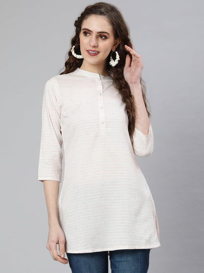 Women Off-White And Pink Printed Straight Tunic With Three Quarter Sleeves | LASVINI - Redefining Indian Fashion with Elegance
