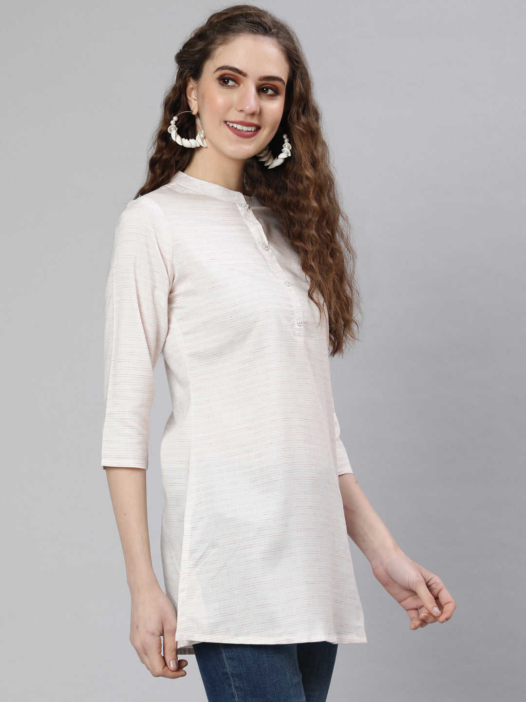 Women Off-White And Pink Printed Straight Tunic With Three Quarter Sleeves | LASVINI - Redefining Indian Fashion with Elegance