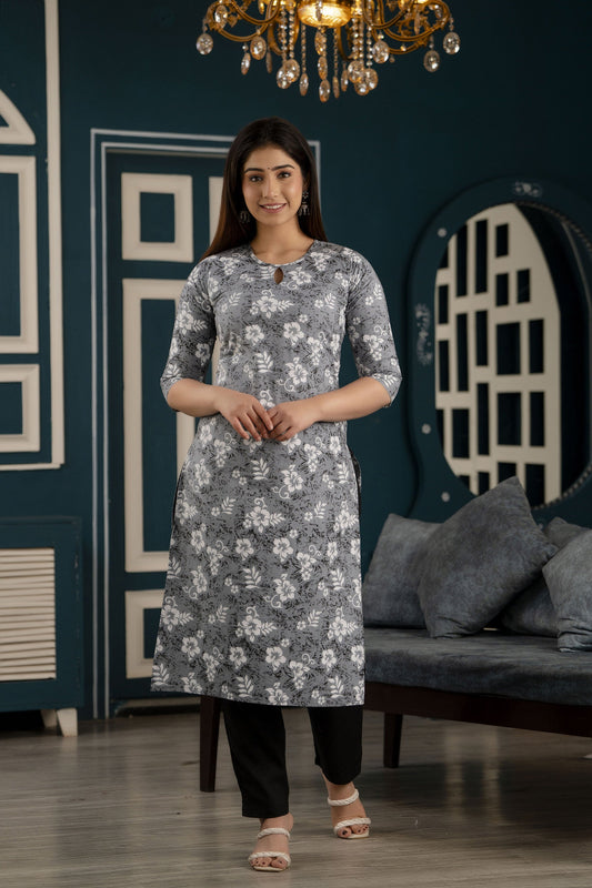 Women Grey Ethnic Printed Straight Kurta With Three Quarter Sleeves | LASVINI - Redefining Indian Fashion with Elegance