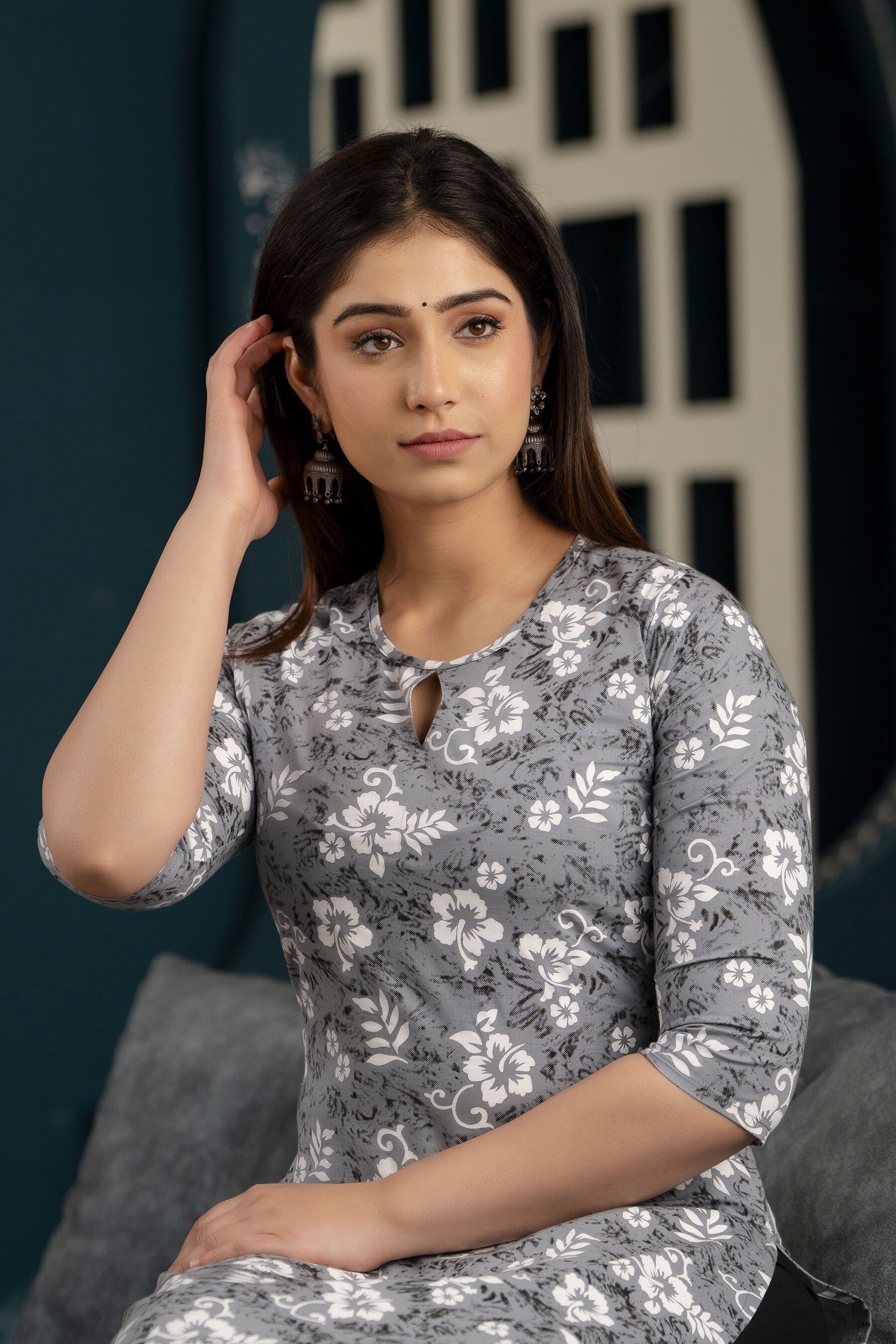 Women Grey Ethnic Printed Straight Kurta With Three Quarter Sleeves | LASVINI - Redefining Indian Fashion with Elegance