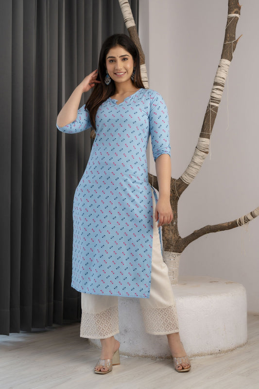 Women Blue Ethnic Printed Straight Kurta With Three Quarter Sleeves | LASVINI - Redefining Indian Fashion with Elegance