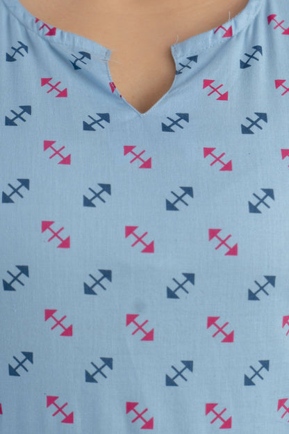Women Blue Ethnic Printed Straight Kurta With Three Quarter Sleeves | LASVINI - Redefining Indian Fashion with Elegance