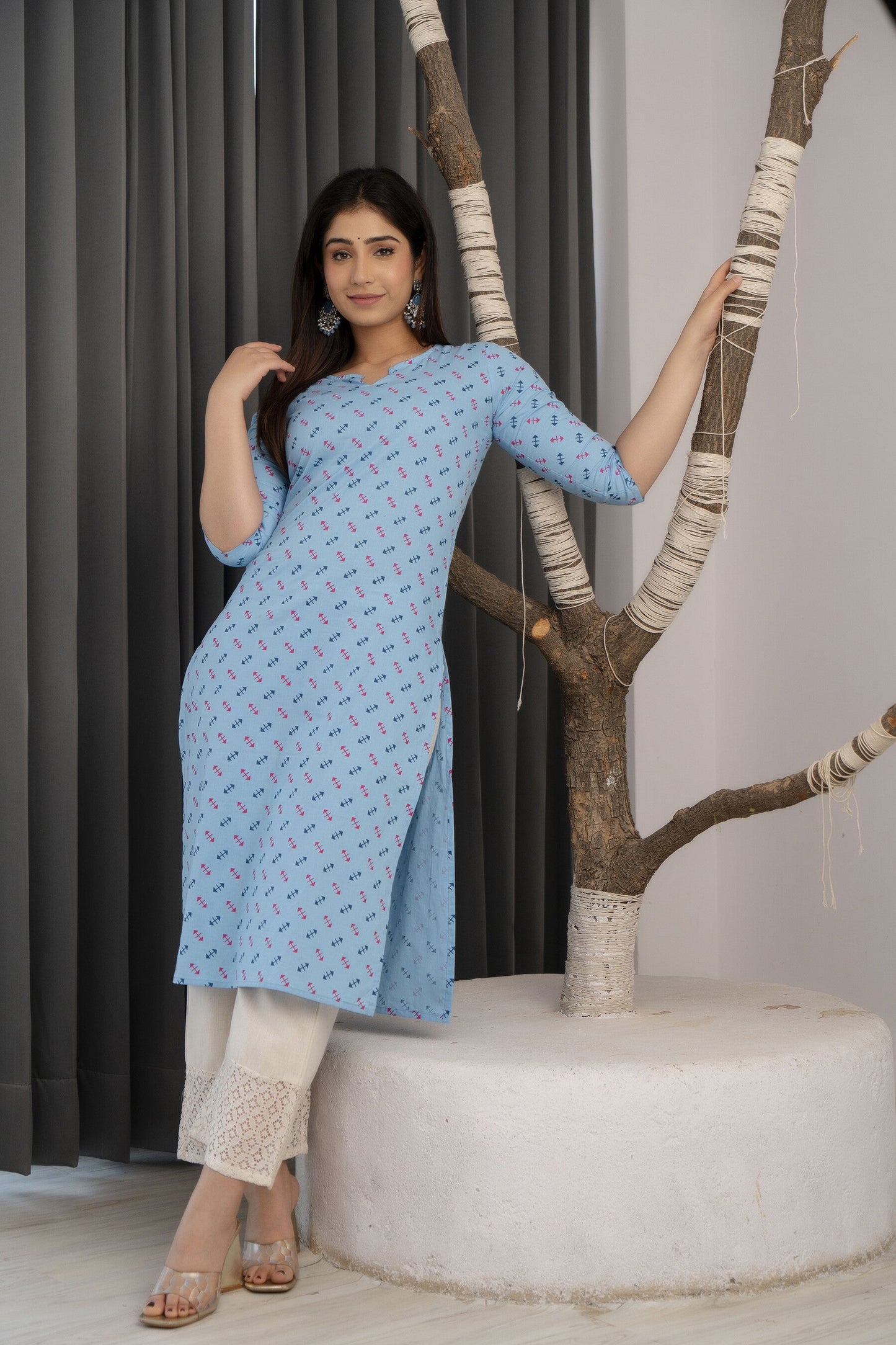 Women Blue Ethnic Printed Straight Kurta With Three Quarter Sleeves | LASVINI - Redefining Indian Fashion with Elegance