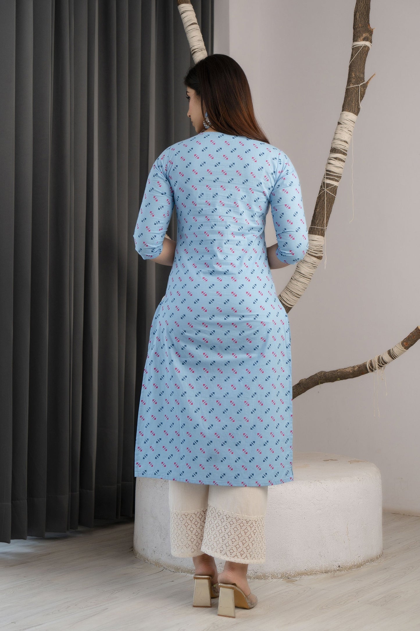 Women Blue Ethnic Printed Straight Kurta With Three Quarter Sleeves | LASVINI - Redefining Indian Fashion with Elegance