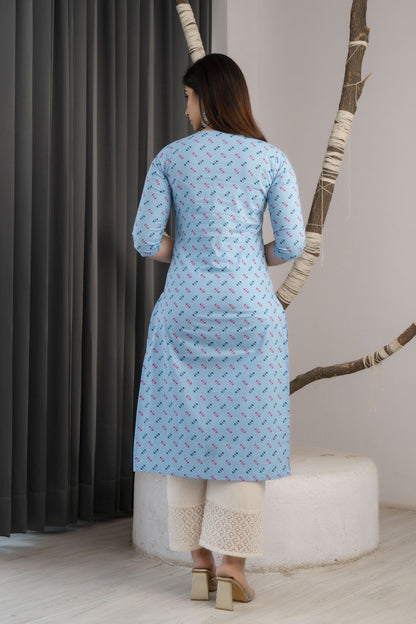 Women Blue Ethnic Printed Straight Kurta With Three Quarter Sleeves | LASVINI - Redefining Indian Fashion with Elegance