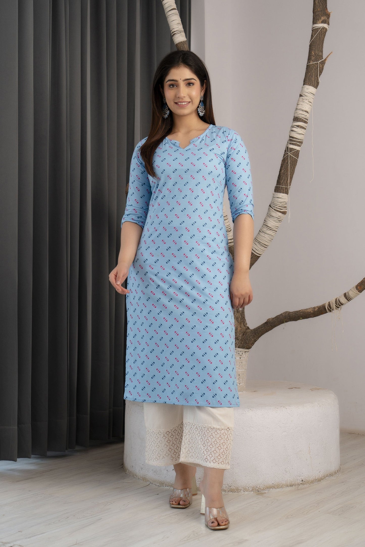 Women Blue Ethnic Printed Straight Kurta With Three Quarter Sleeves | LASVINI - Redefining Indian Fashion with Elegance