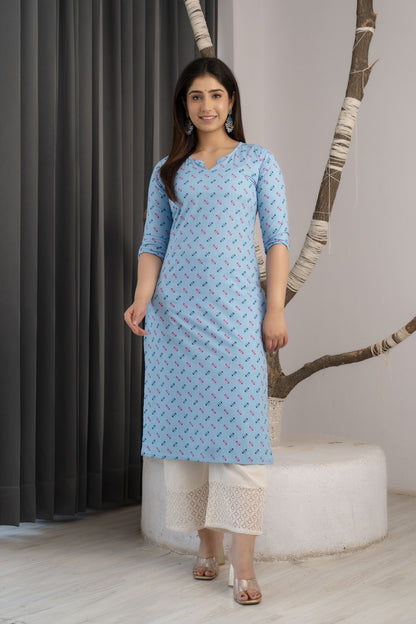 Women Blue Ethnic Printed Straight Kurta With Three Quarter Sleeves | LASVINI - Redefining Indian Fashion with Elegance