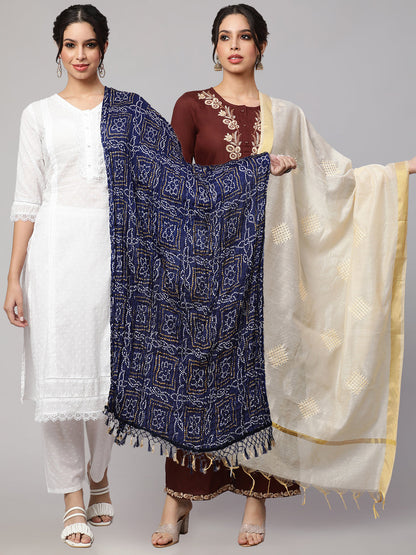 Women Blue Bandhini And Beige Solid Dupatta Combo, Pack Of Two | LASVINI - Redefining Indian Fashion with Elegance