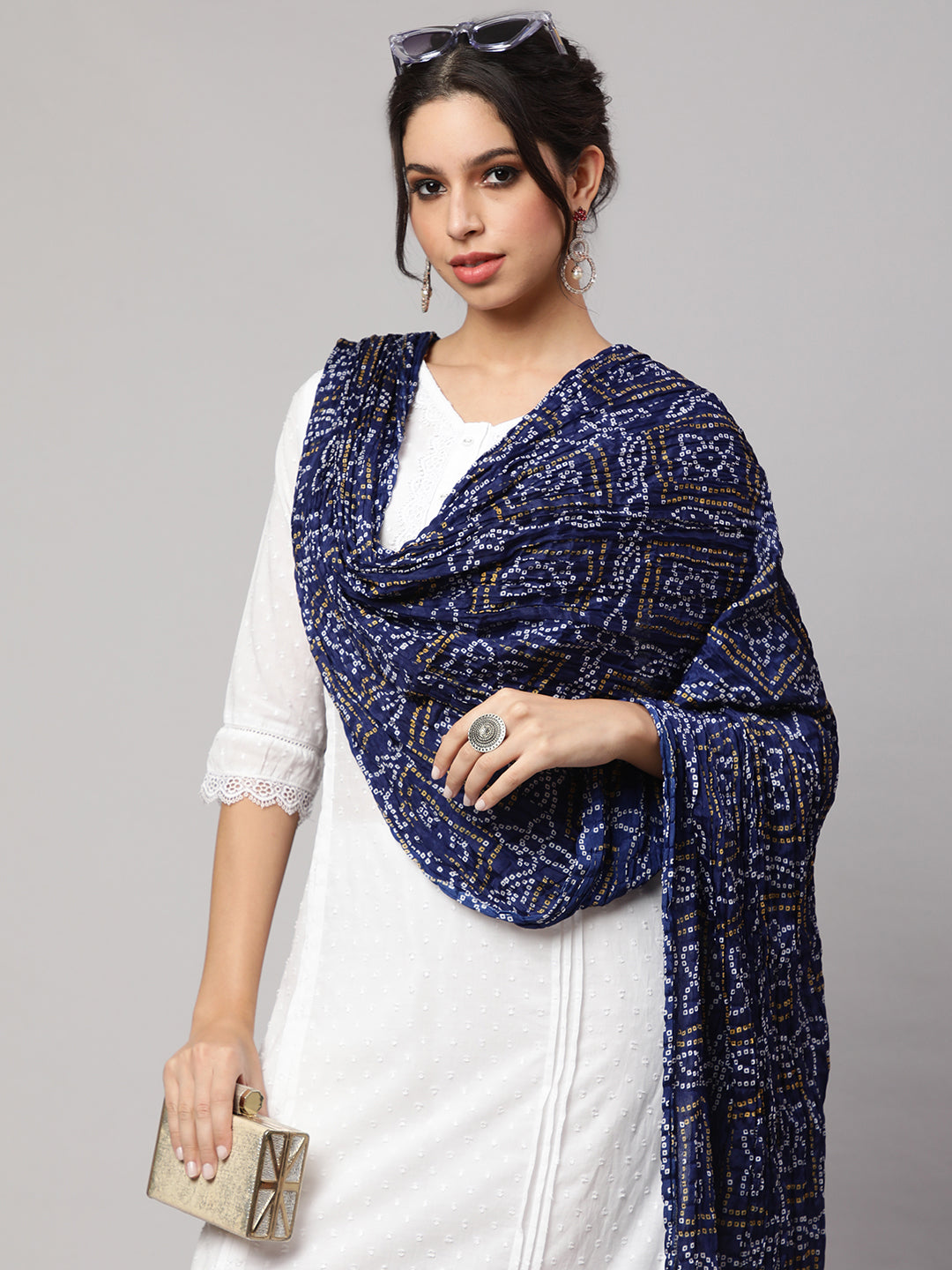 Women Blue Bandhini And Beige Solid Dupatta Combo, Pack Of Two | LASVINI - Redefining Indian Fashion with Elegance