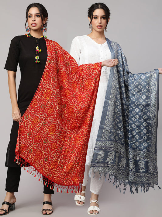 Women Grey Printed And Red Bandhini Dupatta Combo, Pack Of Two | LASVINI - Redefining Indian Fashion with Elegance