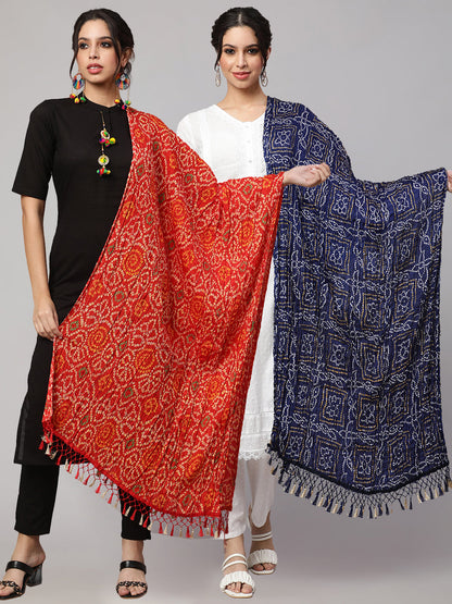 Women Blue Bandhini And Red Bandhani Dupatta Combo, Pack Of Two | LASVINI - Redefining Indian Fashion with Elegance