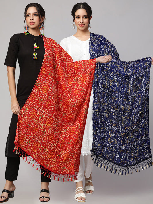 Women Blue Bandhini And Red Bandhani Dupatta Combo, Pack Of Two | LASVINI - Redefining Indian Fashion with Elegance