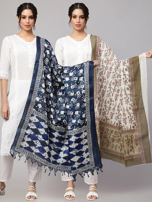 Women Blue And Off White Printed Dupatta Combo, Pack Of Two | LASVINI - Redefining Indian Fashion with Elegance
