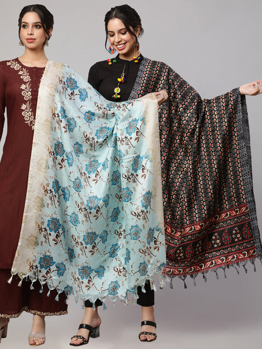 Women Black And Beige Printed Dupatta Combo, Pack Of Two | LASVINI - Redefining Indian Fashion with Elegance