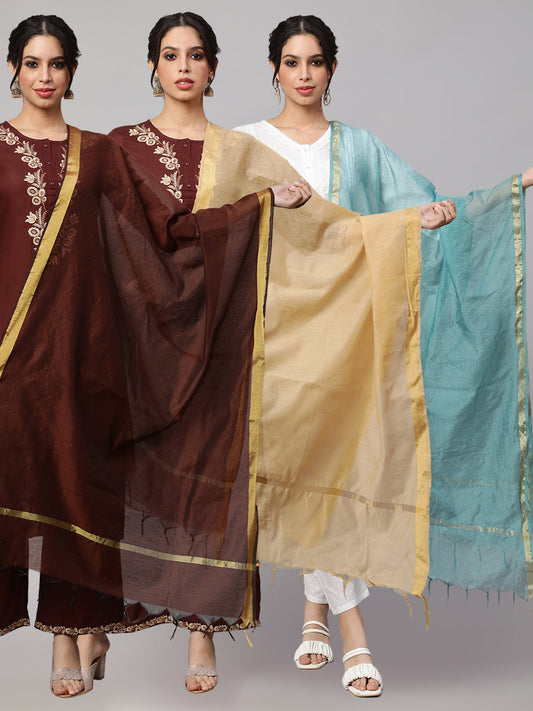 Women Dupatta Combo, Pack Of Three Brown, Beige, & Blue | LASVINI - Redefining Indian Fashion with Elegance
