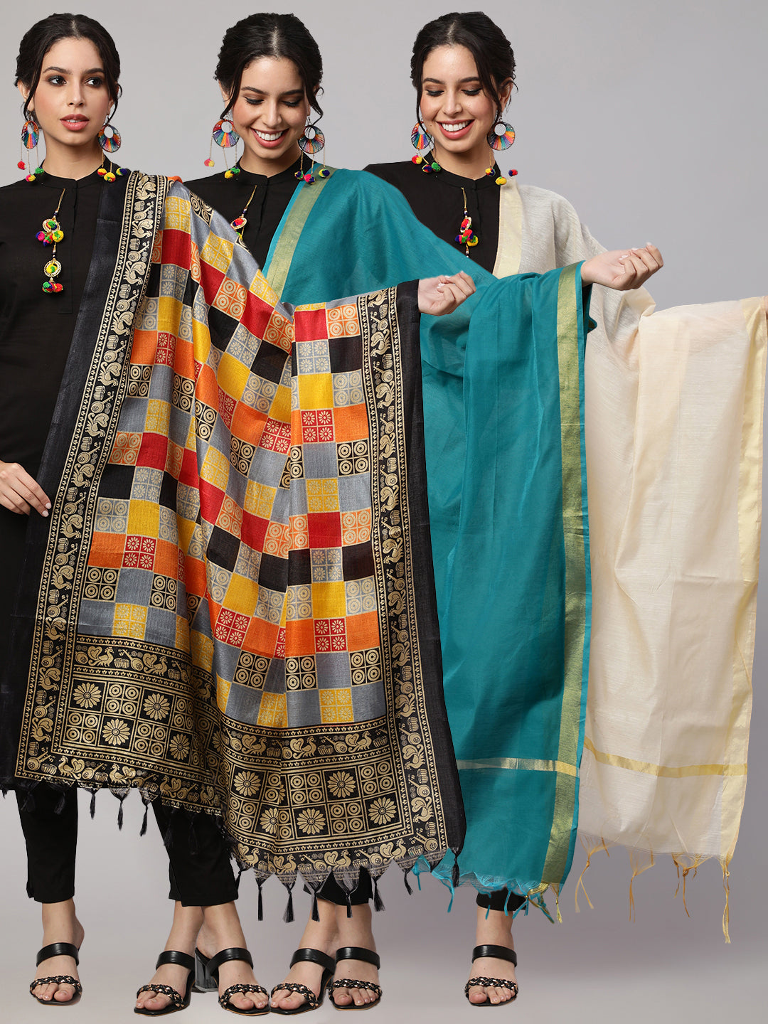 Women Multi Printed And Solid Beige With Blue Dupatta Combo, Pack Of Three | LASVINI - Redefining Indian Fashion with Elegance