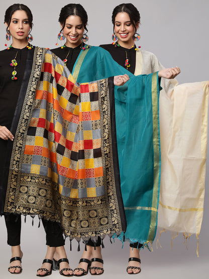 Women Multi Printed And Solid Beige With Blue Dupatta Combo, Pack Of Three | LASVINI - Redefining Indian Fashion with Elegance