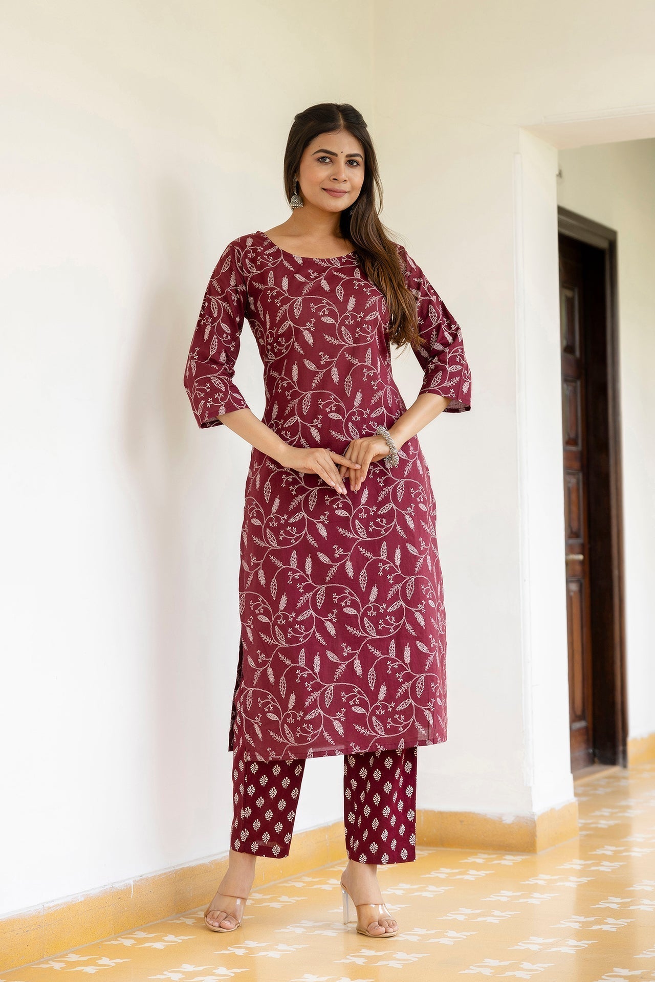 Women Burgundy Printed Straight Kurta With Trouser | LASVINI - Redefining Indian Fashion with Elegance