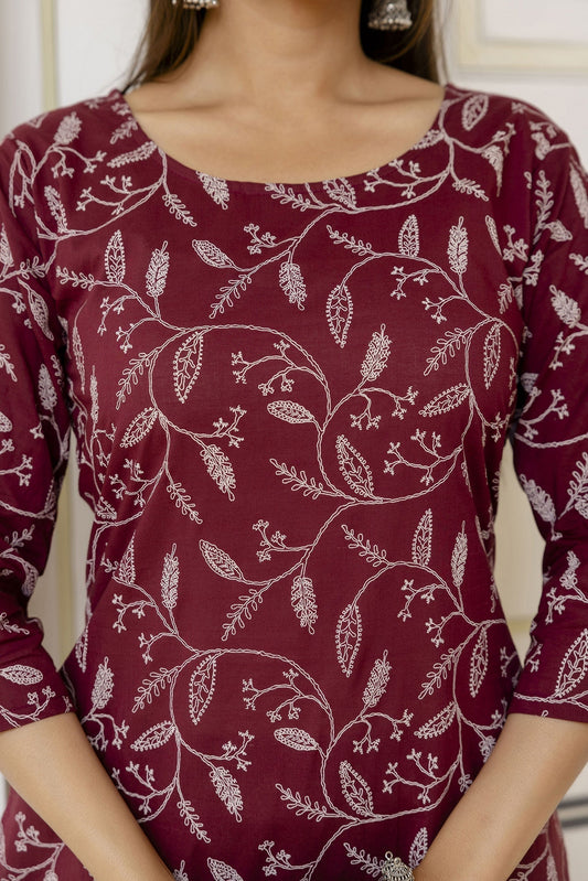 Women Burgundy Printed Straight Kurta With Trouser | LASVINI - Redefining Indian Fashion with Elegance