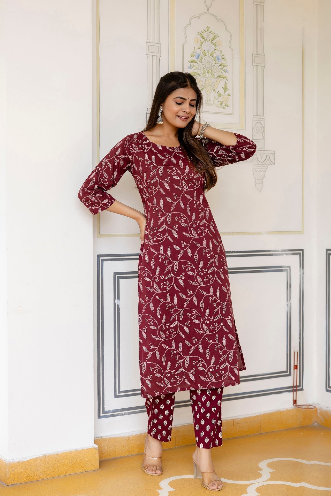 Women Burgundy Printed Straight Kurta With Trouser | LASVINI - Redefining Indian Fashion with Elegance