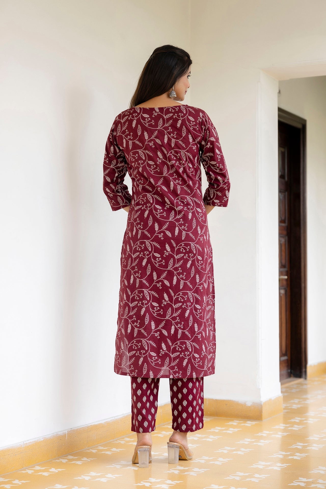 Women Burgundy Printed Straight Kurta With Trouser | LASVINI - Redefining Indian Fashion with Elegance