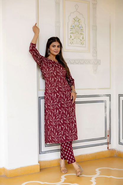 Women Burgundy Printed Straight Kurta With Trouser | LASVINI - Redefining Indian Fashion with Elegance
