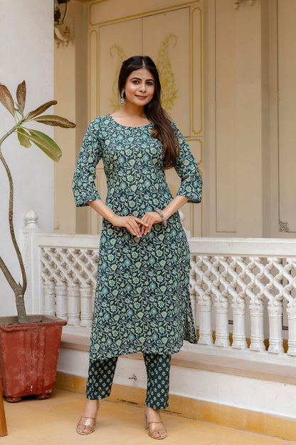 Women Green Printed Straight Kurta With Trouser | LASVINI - Redefining Indian Fashion with Elegance