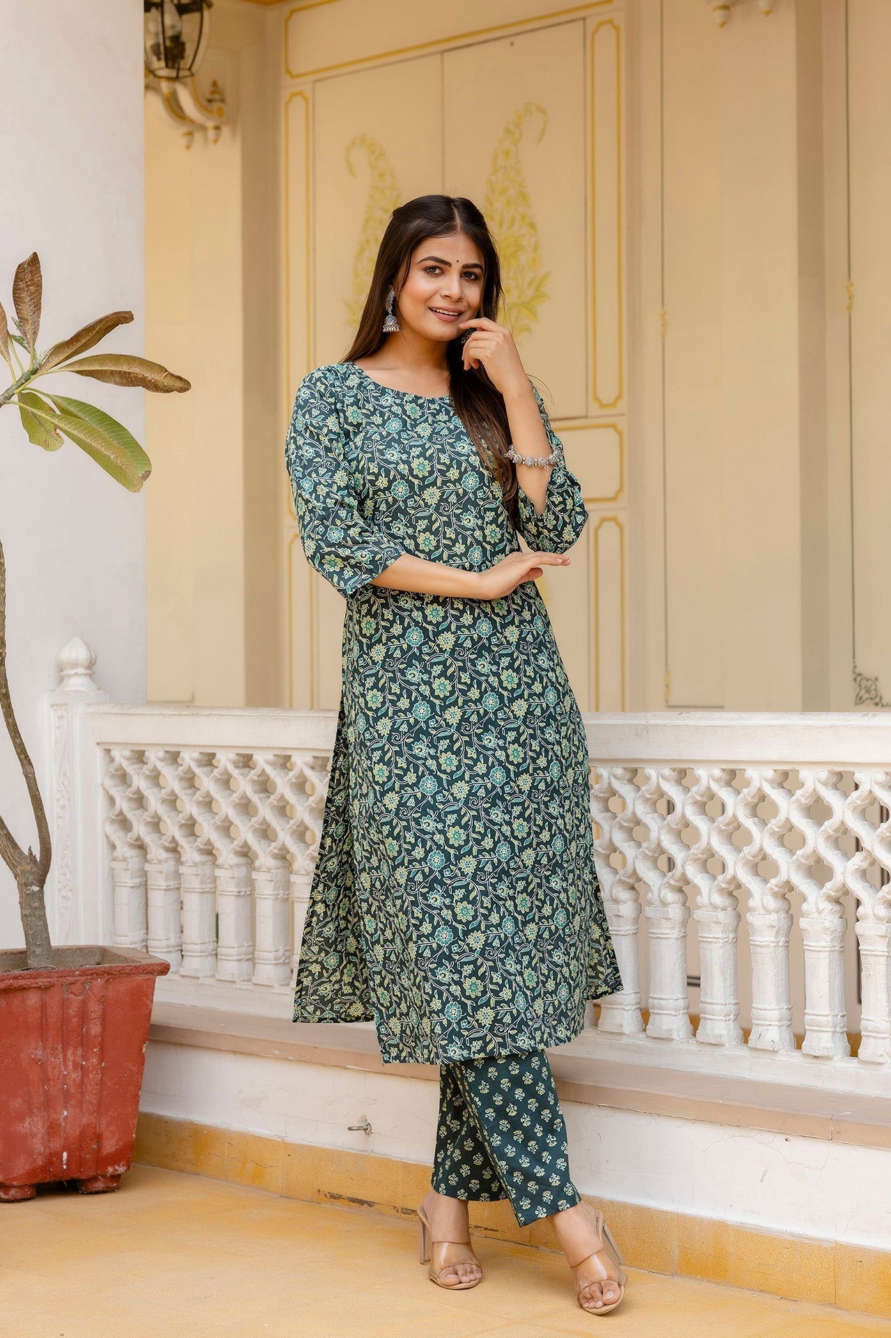 Women Green Printed Straight Kurta With Trouser | LASVINI - Redefining Indian Fashion with Elegance