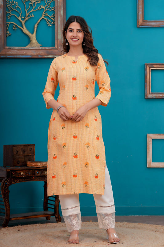 Women Orange Printed Straight Kurta with Three quarter sleeve | LASVINI - Redefining Indian Fashion with Elegance