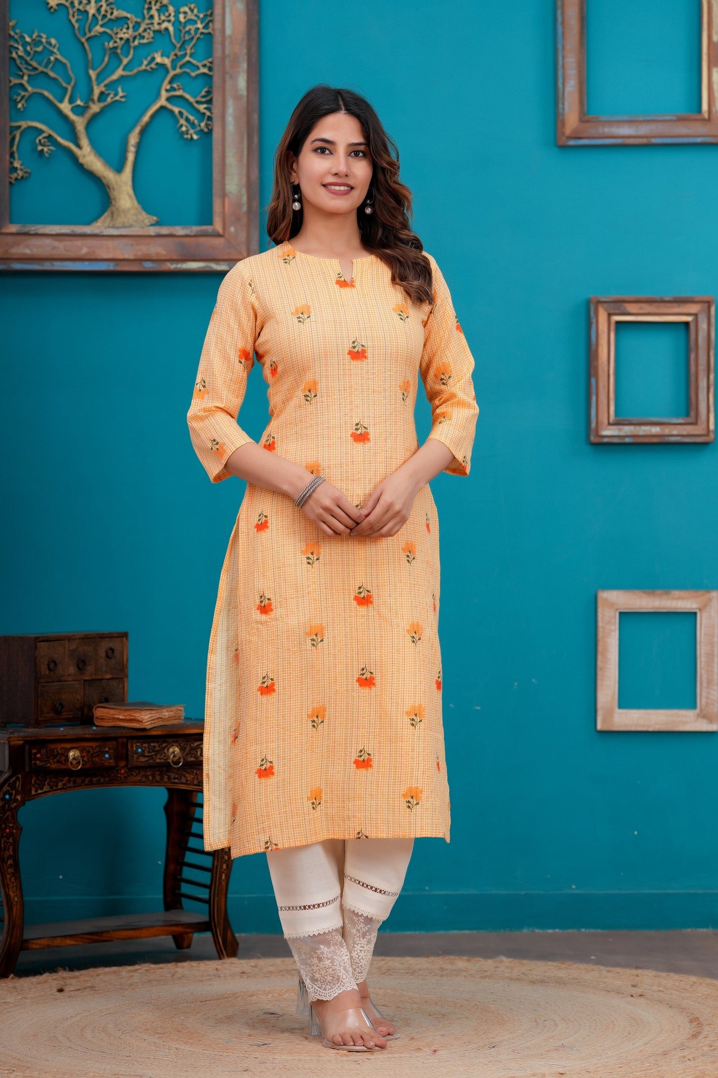 Women Orange Printed Straight Kurta with Three quarter sleeve | LASVINI - Redefining Indian Fashion with Elegance