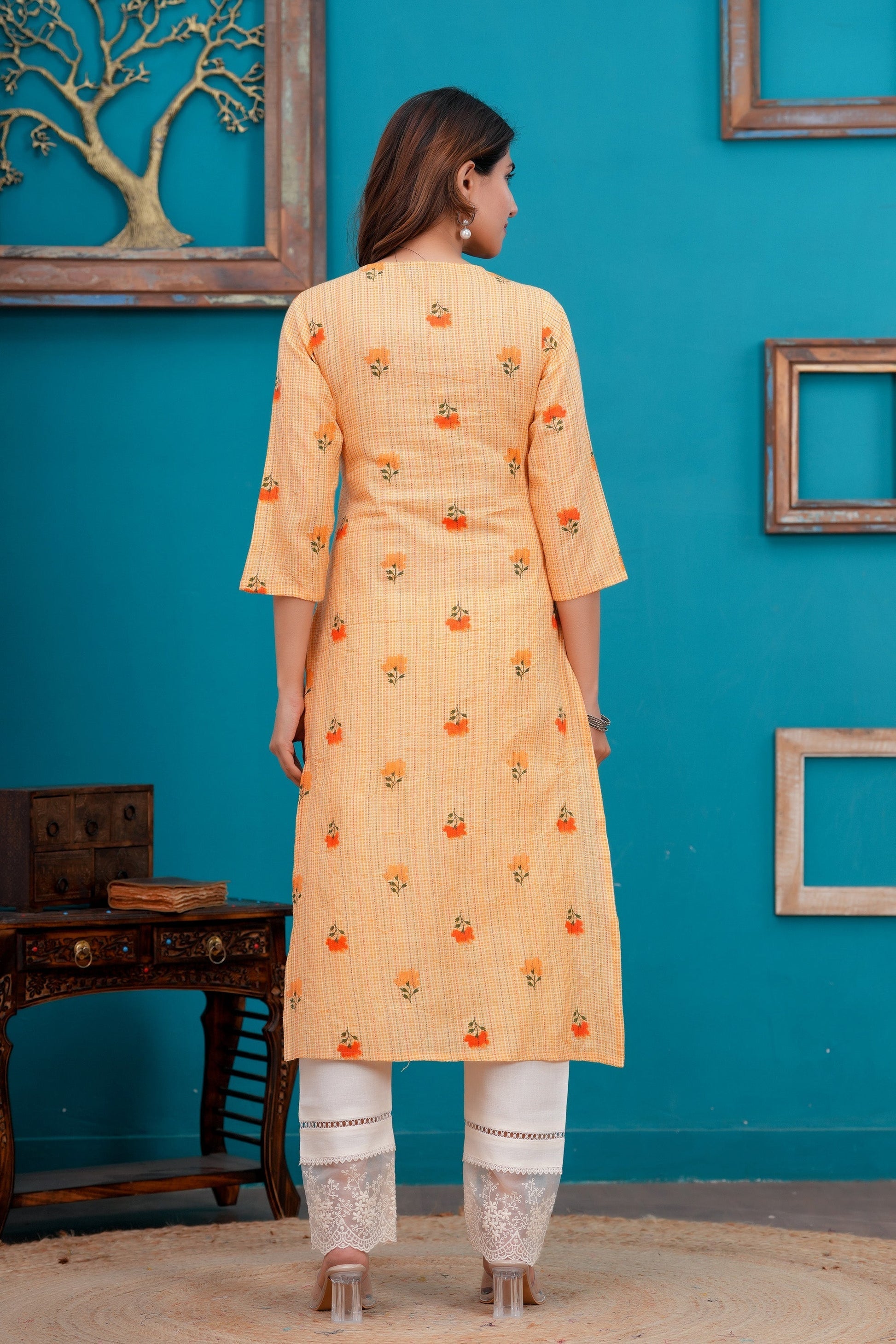 Women Orange Printed Straight Kurta with Three quarter sleeve | LASVINI - Redefining Indian Fashion with Elegance