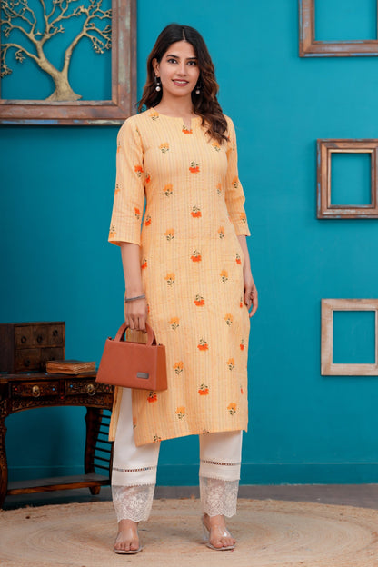 Women Orange Printed Straight Kurta with Three quarter sleeve | LASVINI - Redefining Indian Fashion with Elegance