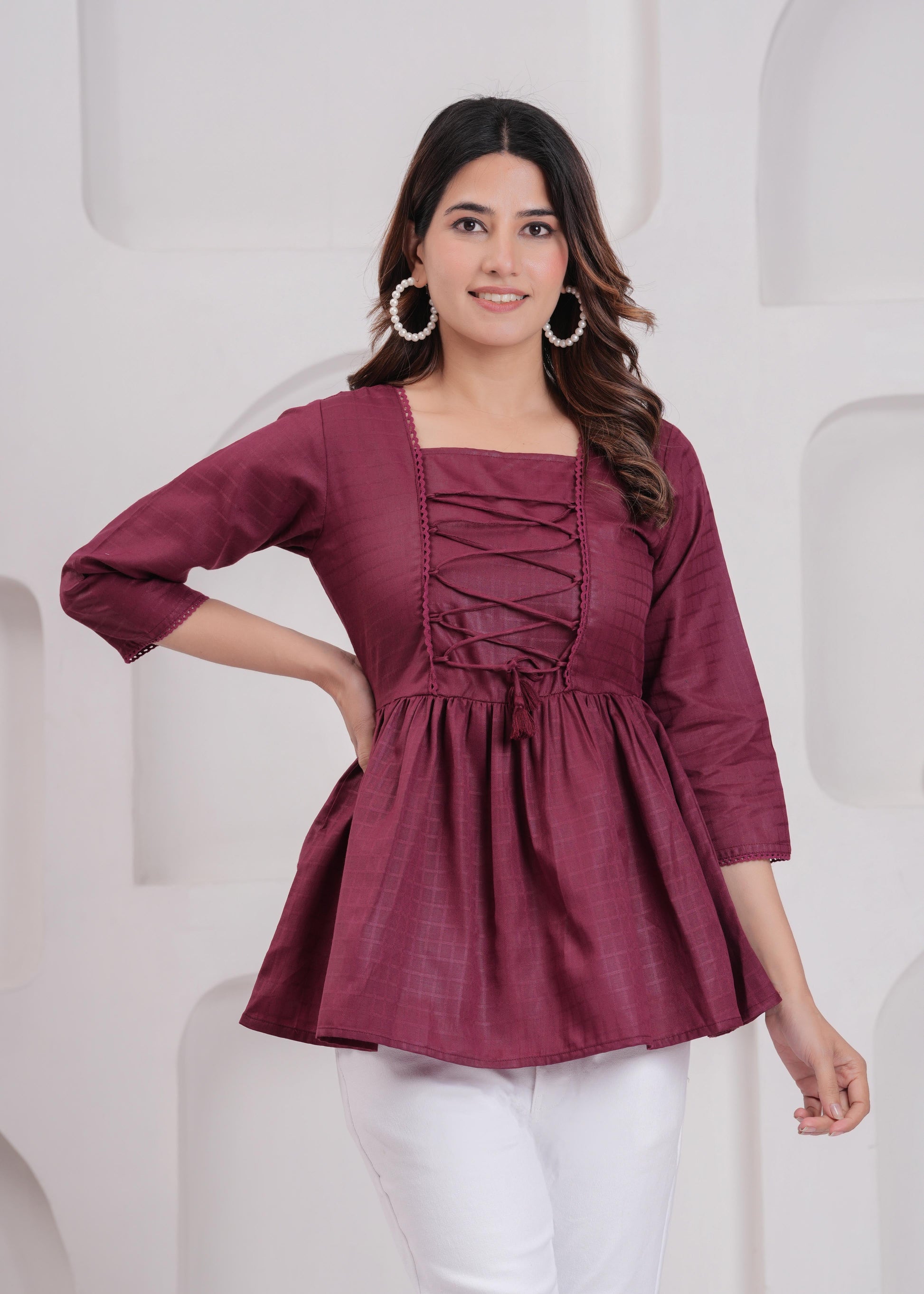 Women Burgundy Printed V-Neck Peplum Tunic | LASVINI - Redefining Indian Fashion with Elegance