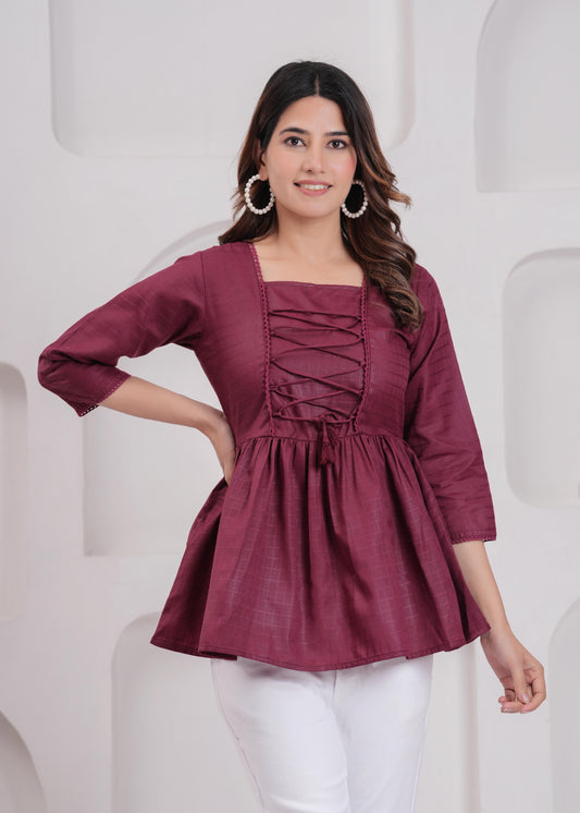 Women Burgundy Printed V-Neck Peplum Tunic | LASVINI - Redefining Indian Fashion with Elegance