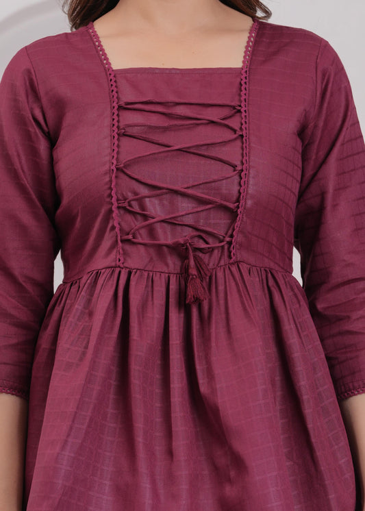 Women Burgundy Printed V-Neck Peplum Tunic | LASVINI - Redefining Indian Fashion with Elegance