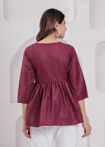 Women Burgundy Printed V-Neck Peplum Tunic | LASVINI - Redefining Indian Fashion with Elegance